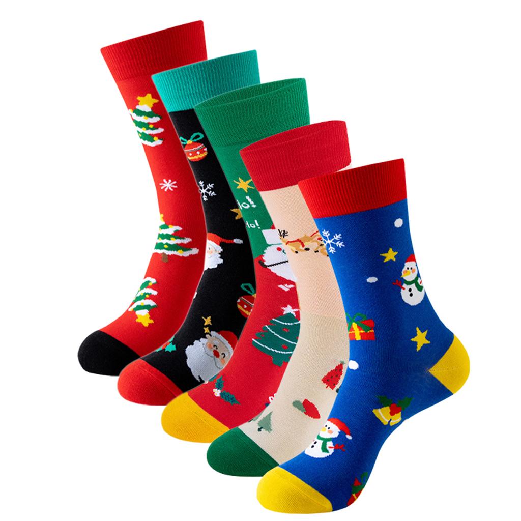 5 Pairs Set Christmas Crew Socks for Women, Cute Santa Snowman Xmas Tree Printed Cotton Socks, Winter Warm Casual Fashion Socks
