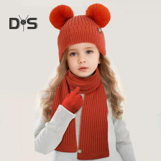3 Pcs/Set Children Winter Hat Scarf Gloves Set Thick Knitted Ear Protection Cap Gloves Stretchy Windproof Winter Outdoor Cycling Dome Beanie Neck