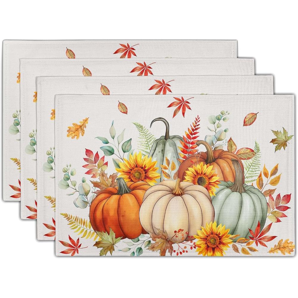 Fall Pumpkins Maple Leaf Placemats Party Decor Washable Thanksgiving Autumn Harvest Kitchen Dining Table Mats Autumn Decorations