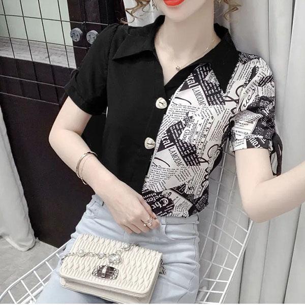 Koszula szyfonowa w kontrastowych kolorach damska letnia z krótkim rękawem asymetryczny design zmysł wyszczuplający temperament styl zachodni top fala