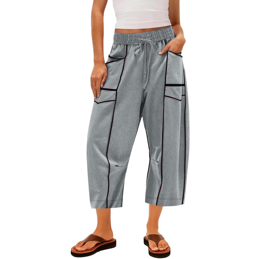 Ladies' Wide Leg Pants, High Waisted Straight Leg Pants, Spliced Pockets, Casual Cropped Pants