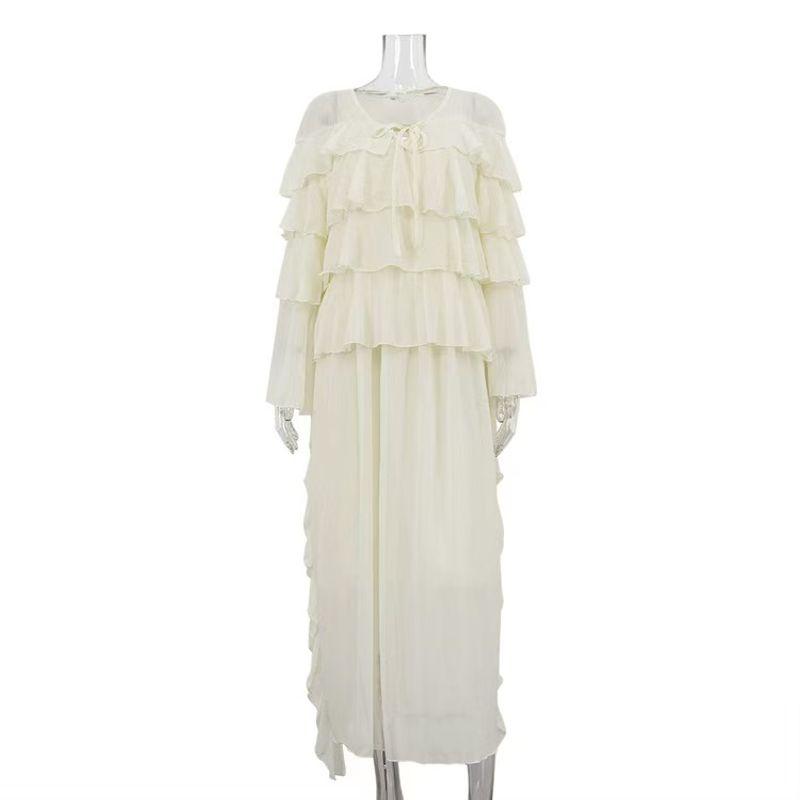 

Fashion New Arrival Fashion Ruffles Patchwork Long Sleeves Dress Loose Lace up Chiffon Dress Beige M