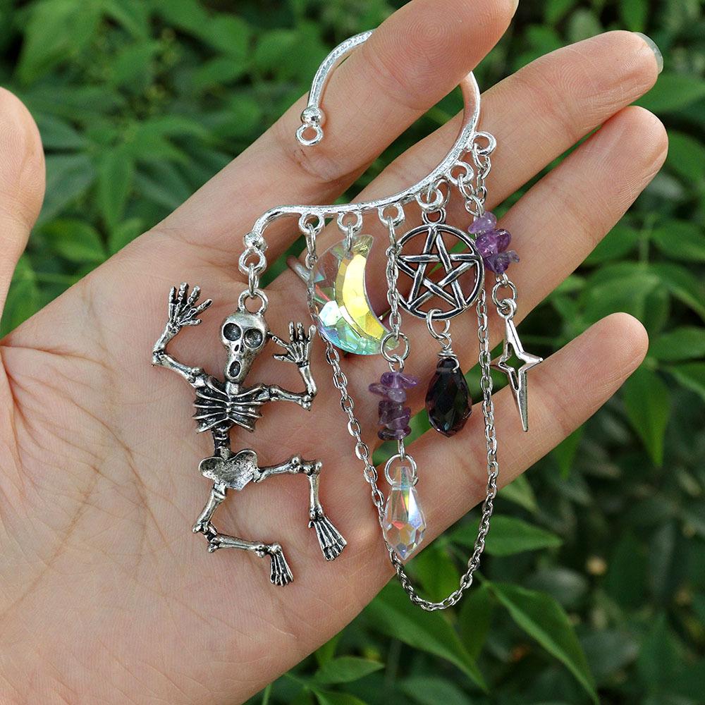 Handmade Witchy Skull & Moon Crystal Stone Charm Earrings