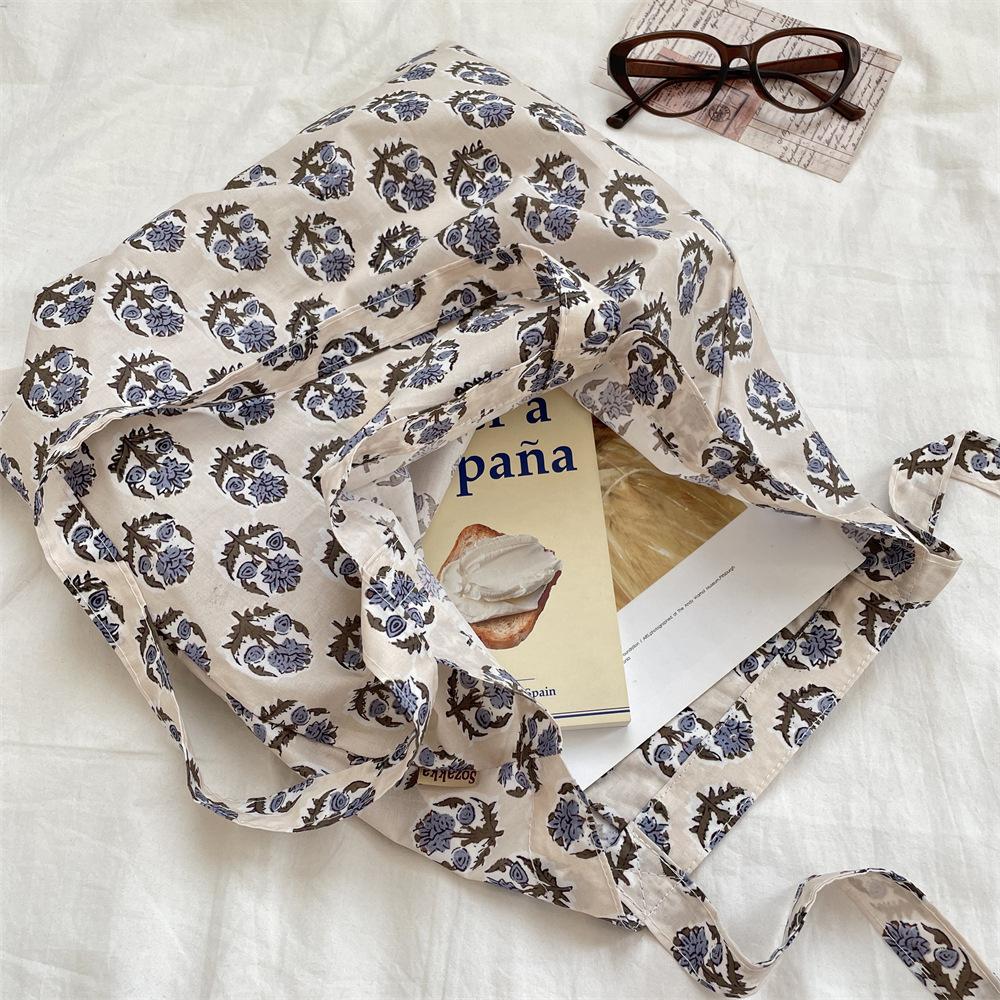 Vintage Floral Print Girls Handbags Large Capacity Lightweight Female Shopping Bag Portable Casual Tote Shoulder Bags for Women