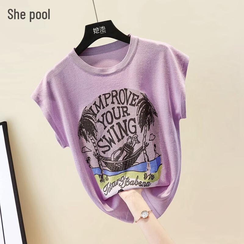 Women s Letter Print Short Sleeve Round Neck Knit Top S