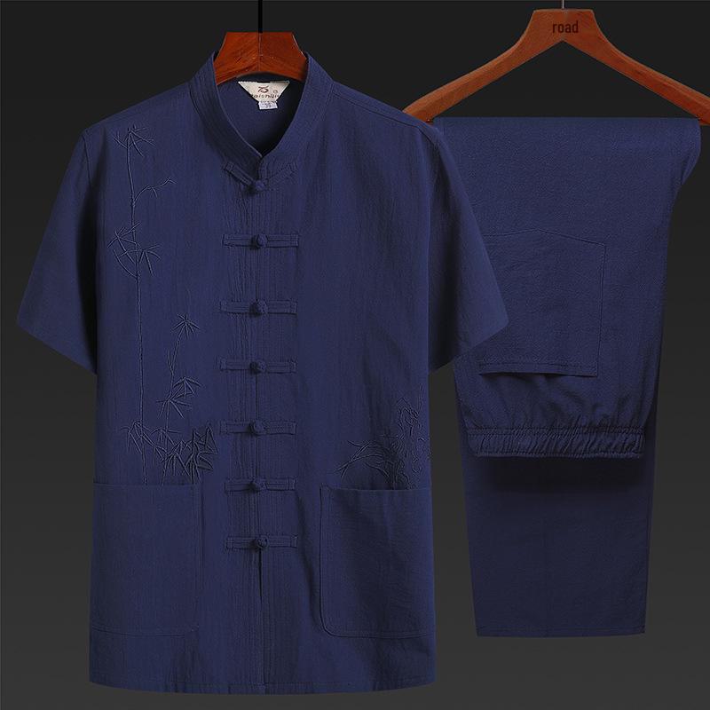 Costum Tang din bumbac-in cu mânecă scurtă pentru bărbați de vârstă mijlocie și în vârstă - Stil chinezesc Hanfu de vară