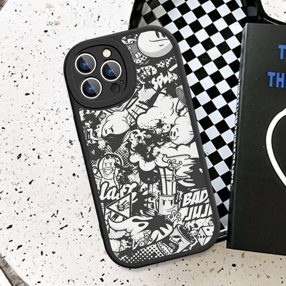 Coole Schwarze Graffiti Handyhülle Hartleder Für iPhone 16 15 14 13 12 Mini 11 14 Pro Max Xs X Xr 7 8 Plus Fundas