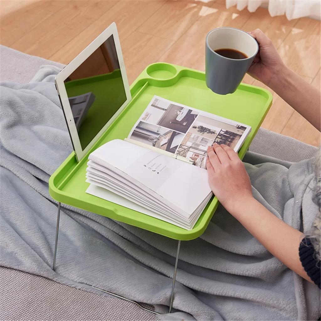 Foldable Laptop Bed Table Lap Desk Stand, Tray Dining Table With Slots, With Foldable Legs And Cup Slots,