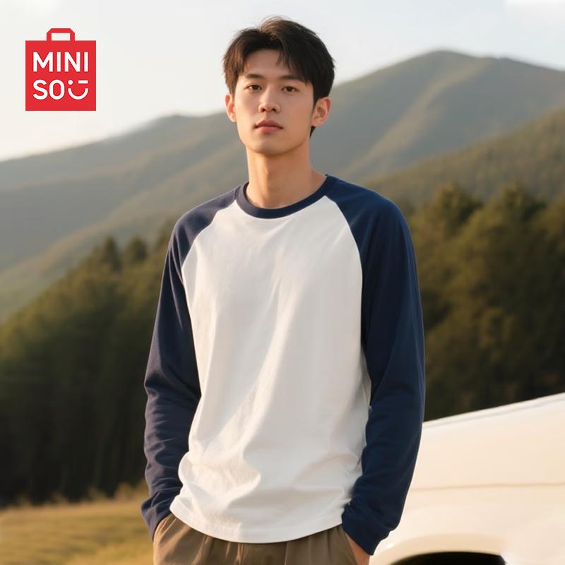MINISO Men s Retro Color Block Long Sleeve Cotton T-Shirt XL