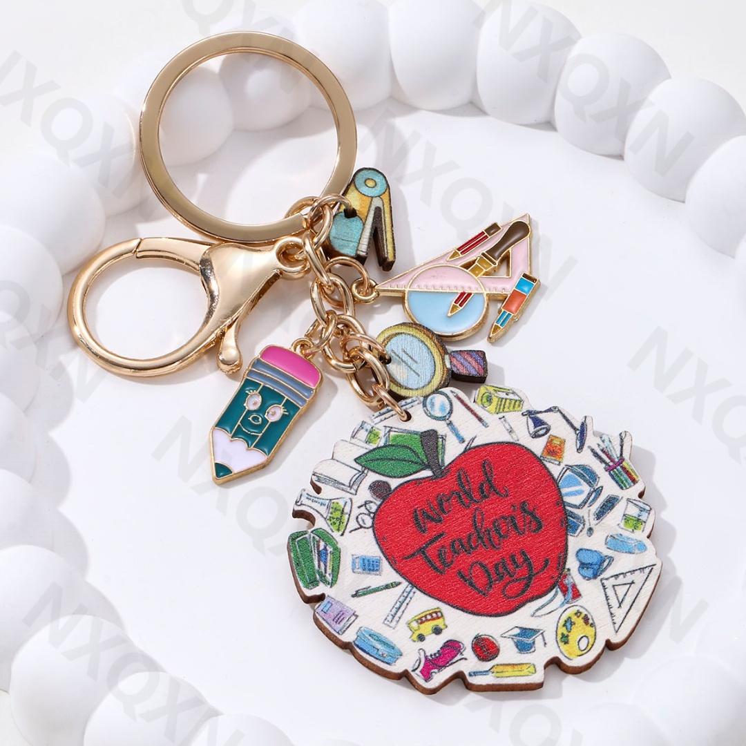 

Cute Blackborad Pencil Heart Wooden Keychain Rainbow Apple Pendants Key Ring For Teachers Gift On Teacher s Day Handmade Jewelry