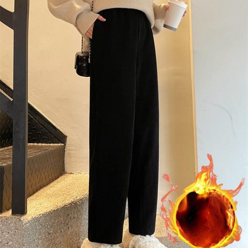 Fleece Lined Corduroy Ankle Pants Women Autumn Winter High Waist Sweatpants Loose Harem Straight Wide Leg
