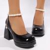 Fashion Chunky Platform High Heels Pumps Women Fashion Pearl Ankle Strap Party Shoes Woman Patent Leather Thick Heeled Mary Jane Shoes