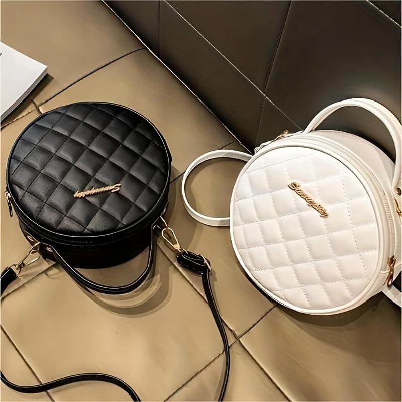 Argyle Quilted Round Bag, Letter Decor Crossbody Bag, Top Handle Circle Purse For Women