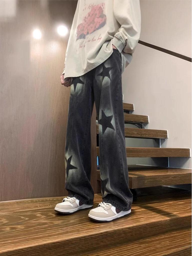 Unisex Korean Street-Style Elastic Waist Dark Star Jeans - Trendy, Loose Straight-Leg for Spring and Autumn