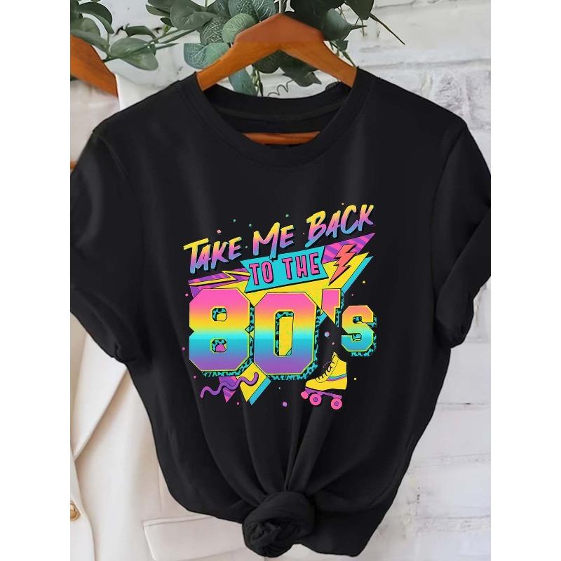 

European size Back to the 80s, Vintage StyleGraphic Print Tshirt, Short Sleeve Crew Neck Casual Top for Summer Spring, Women s Clothing 4XL