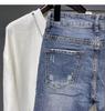 Men's 2024 Trendy American Retro Blue Slim-Fit Washed 9-Point Jeans