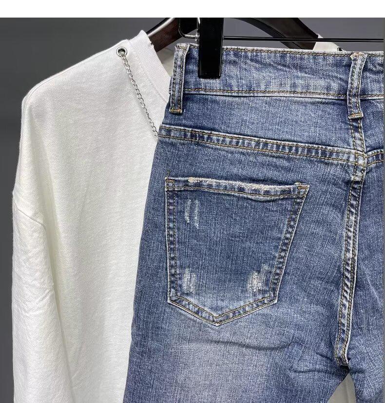 Men's 2024 Trendy American Retro Blue Slim-Fit Washed 9-Point Jeans