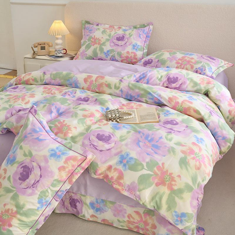 Fresh & Simple Pure Cotton Four-Piece Printed Dorm Set – Includes Three-Piece All-Cotton Bed Sheet, Bed Skirt, and Bedding Set.