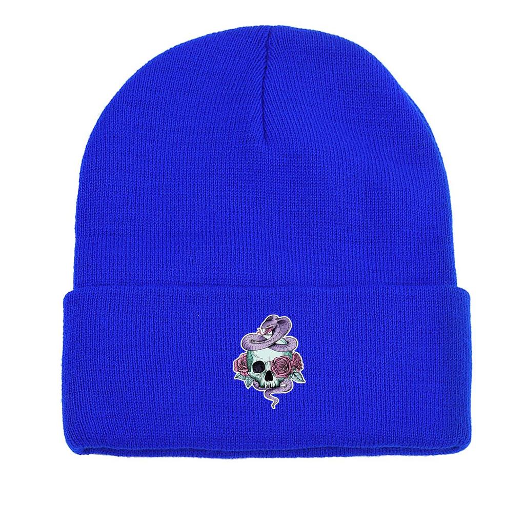 Skull Snake Rose Warm Knitted Cap Beanie, Scary Animal Woman Cap Cozy Slouchy Solid Bonnet Knitted Cap Beanie