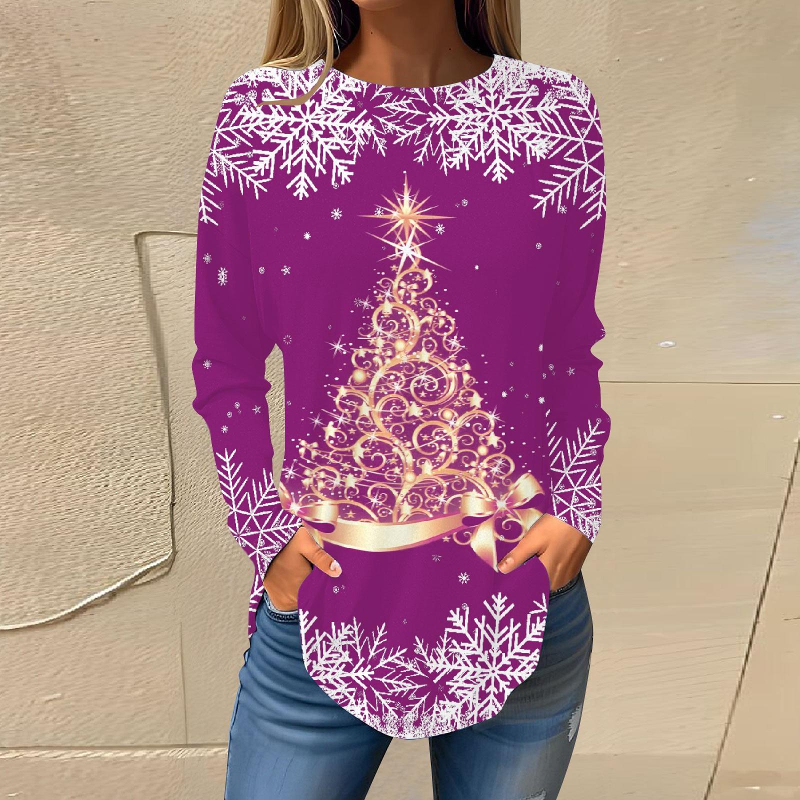 

Футболки для женщин, осенние повседневные рубашки с длинными рукавами, толстовка с ретро-принтом, топ для рождественской вечеринки, пуловер XL фиолетовый