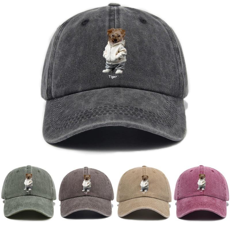 Puppy print washed retro distressed soft top baseball cap unisex cute baseball cap