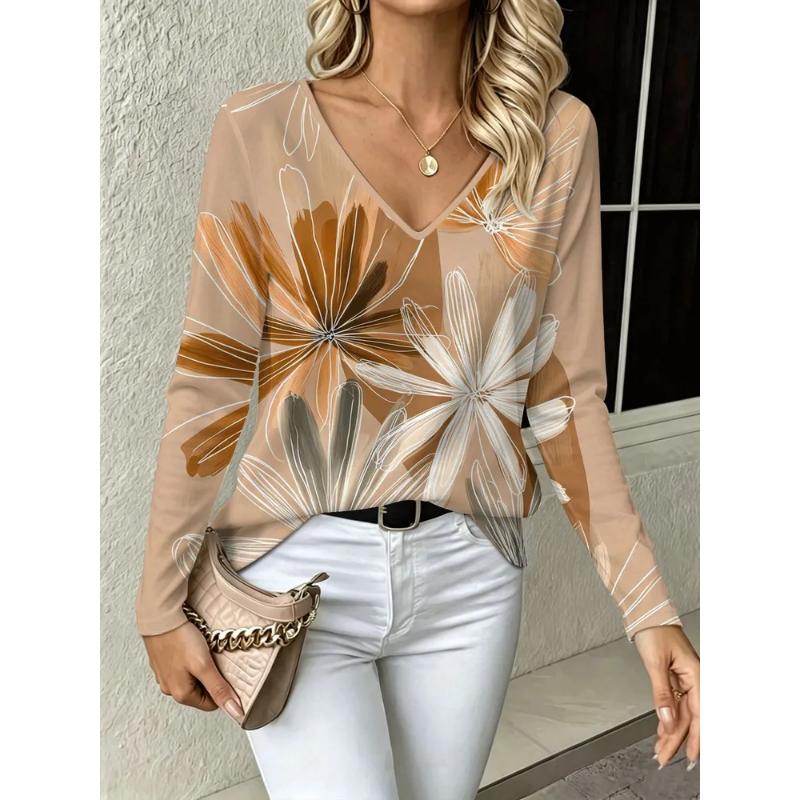 Fashion Women's V-Neck Long Sleeve 3D Casual Color Printing Casual Long Sleeve V-Neck T-Shirt