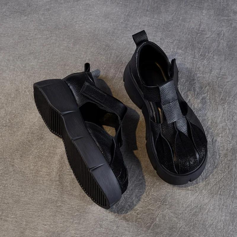 Johnature Retro Thick Soled Sandals Genuine Leather Comfortable Round Toe Versatile Women's Platform Shoes