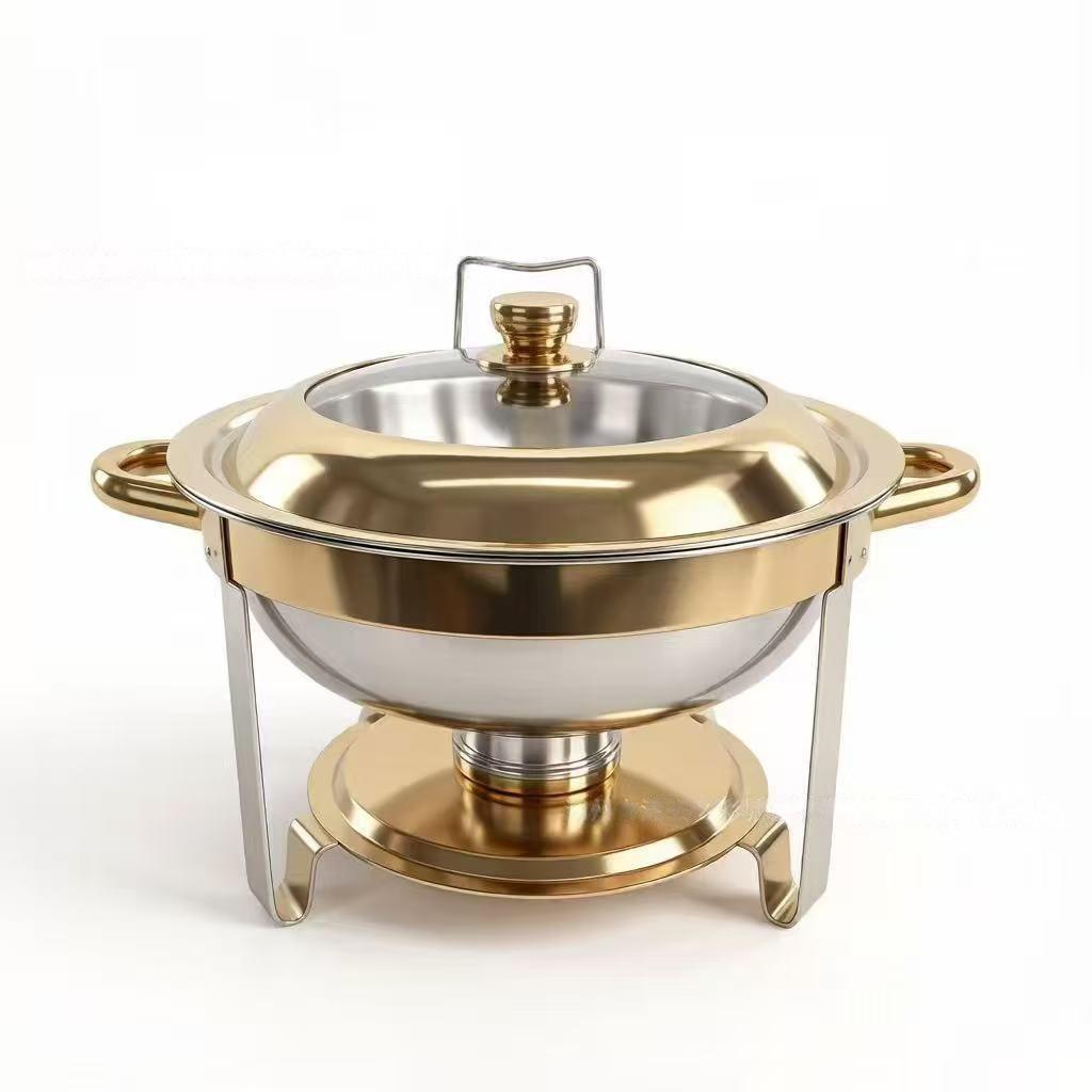 Golden Stainless Steel Buffet Warmer - Hotel Round Alcohol Food Heater