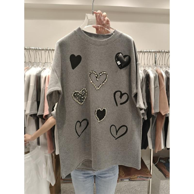 

Летняя женская модная футболка с круглым вырезом и коротким рукавом с принтом в виде сердца L серый