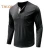 Men Spring Top with Chest Pocket Buttoned O Neck Slim Fit Long Sleeve Bottoming Clothes Solid Color Stretchy Pullover T-shirt