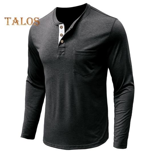Men Spring Top with Chest Pocket Buttoned O Neck Slim Fit Long Sleeve Bottoming Clothes Solid Color Stretchy Pullover T-shirt