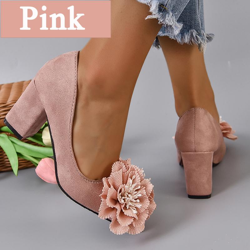 Aphixta Big Flowers With Stamens 7cm Square Heels Pumps Women Students And Adults Pointed Toe Flock Suede Shoes Plus Size 30-50