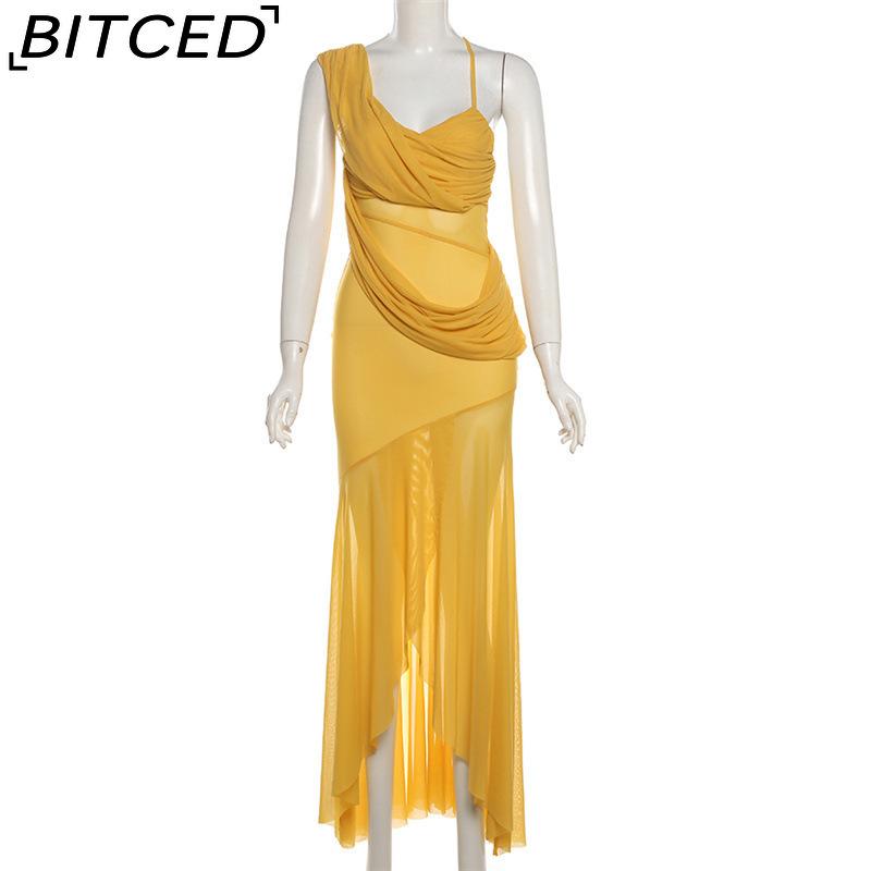 BITCED Summer Women's Solid-Colour Slim-Fit High-Waisted Fashion Strapless Sleeveless Mesh Dress