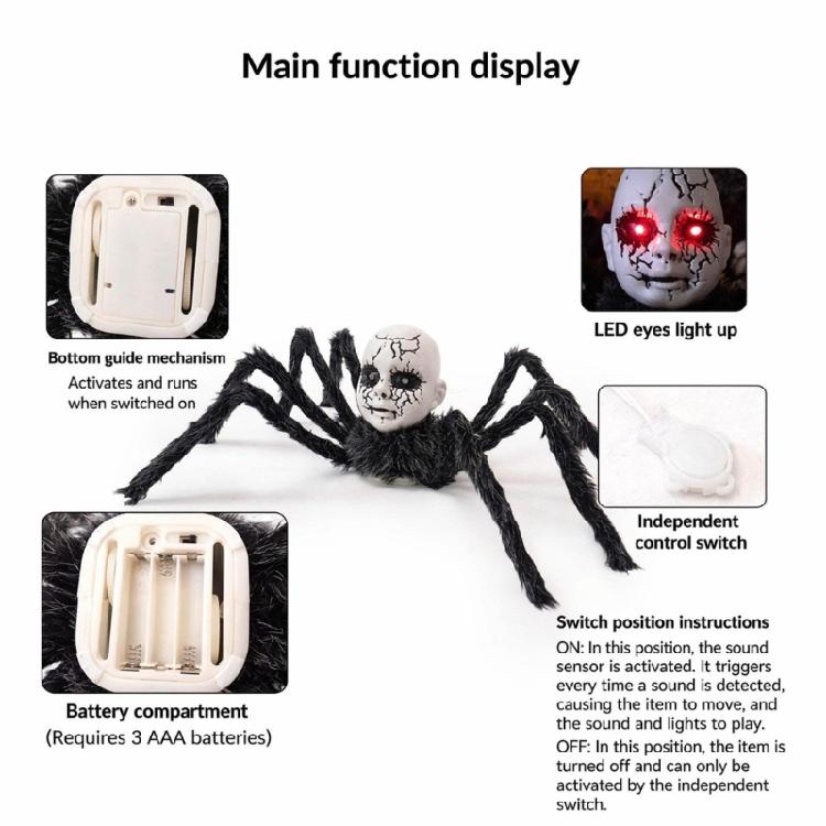 Sound Sensor Activated Walking Scary Doll Face Spiders With Glowing For Halloween Party And Haunting House Decoration