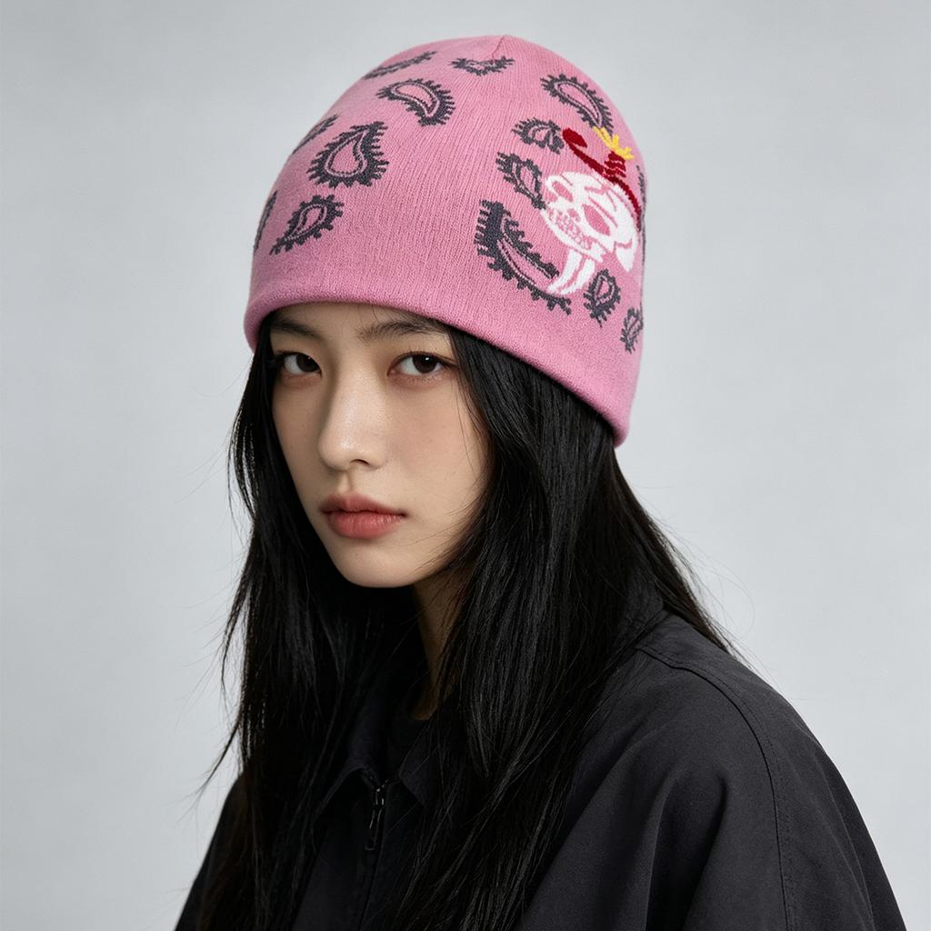 Autumn and Winter American Street Halloween Skull Cashew Flower Knitted Hat Men and Women Warm Color Matching Personalized Pullover Hat