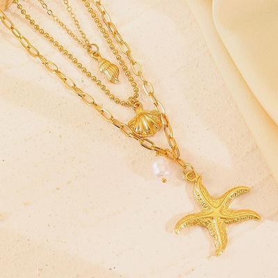 Stainless Steel Gold Color Three Layer Starfish Conch Shells Pearl Pendant Necklace For Women Girls  Neck Chain Jewelry