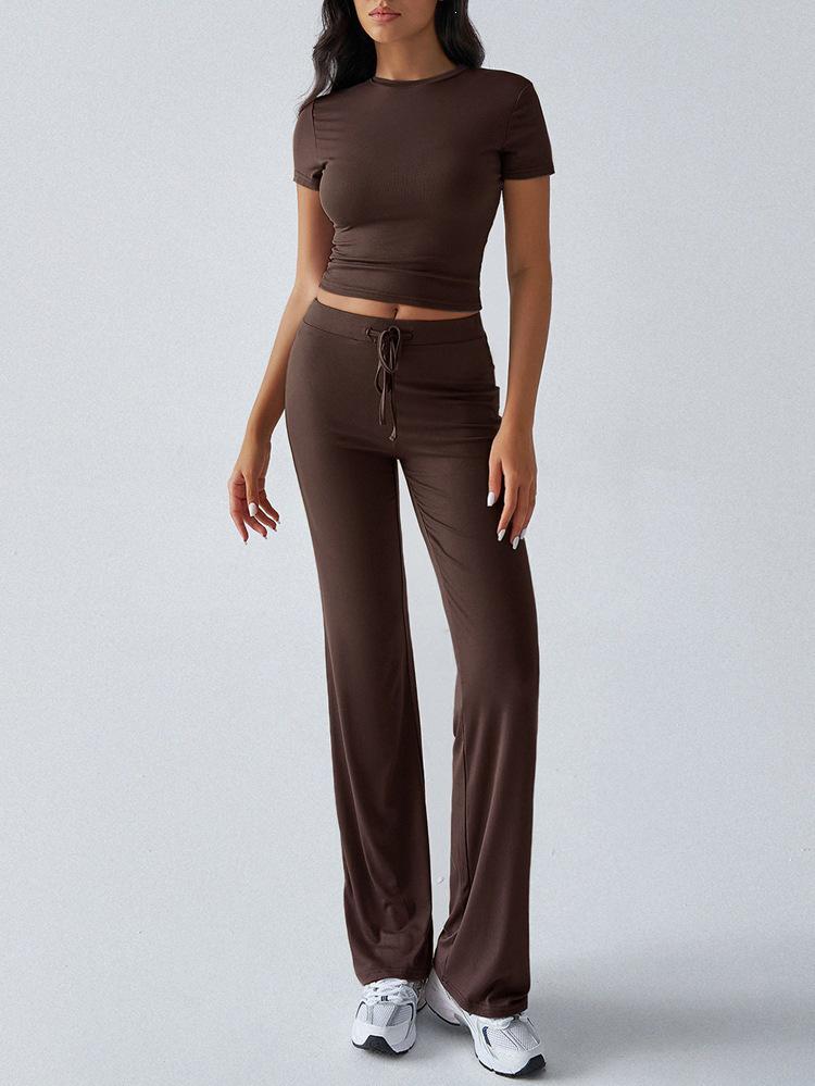 2025 European & American Women's Spring/Summer Solid Color Round Neck Set - Short Sleeve Top & Long Pants