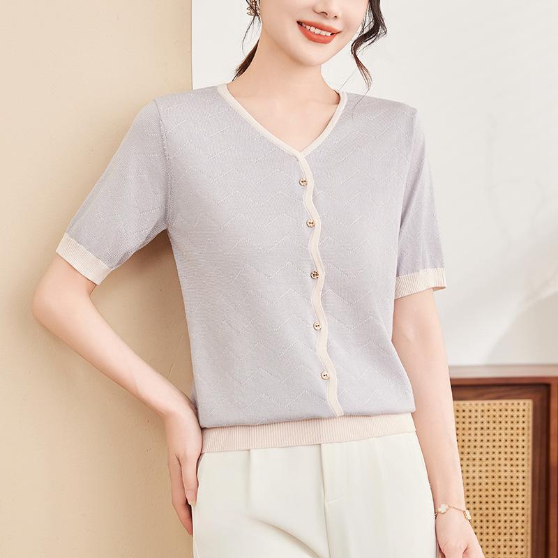 

Elegant Ice Silk Mom s Summer Blouse - Short-Sleeved, Stylish & Trendy 2026 Mother s Day Gift 2XL (recommended 110-120 jins) серо голубой