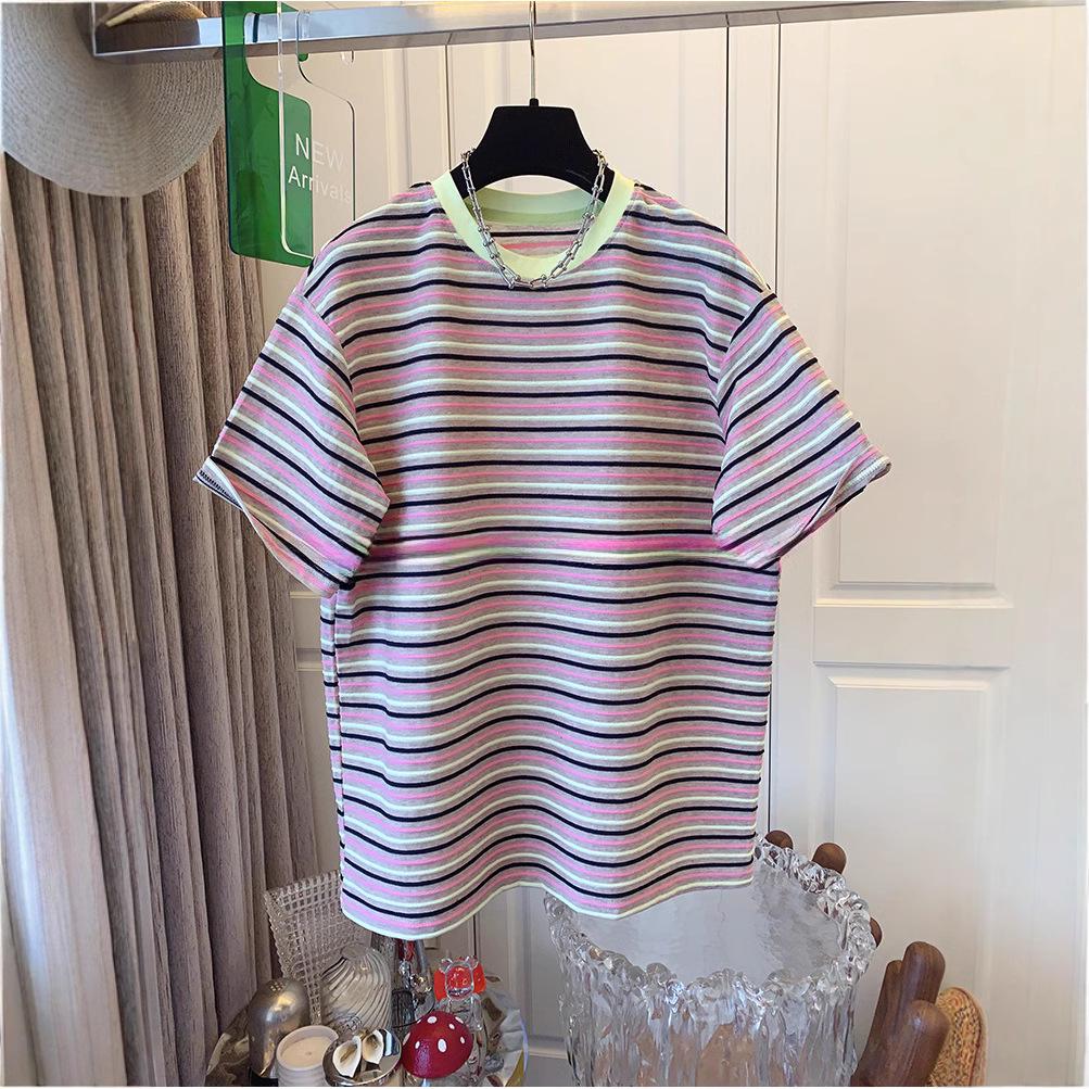 European Plus Size Striped Short Sleeve T-shirt for Women - Versatile Summer Loose Top