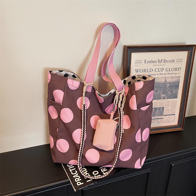 Large Capacity Polka Dot Tote Bag Korean Lazy Style Canvas Shoulder Bag Lightweight Stylish Shopping Handbag Casual Commuter Bag