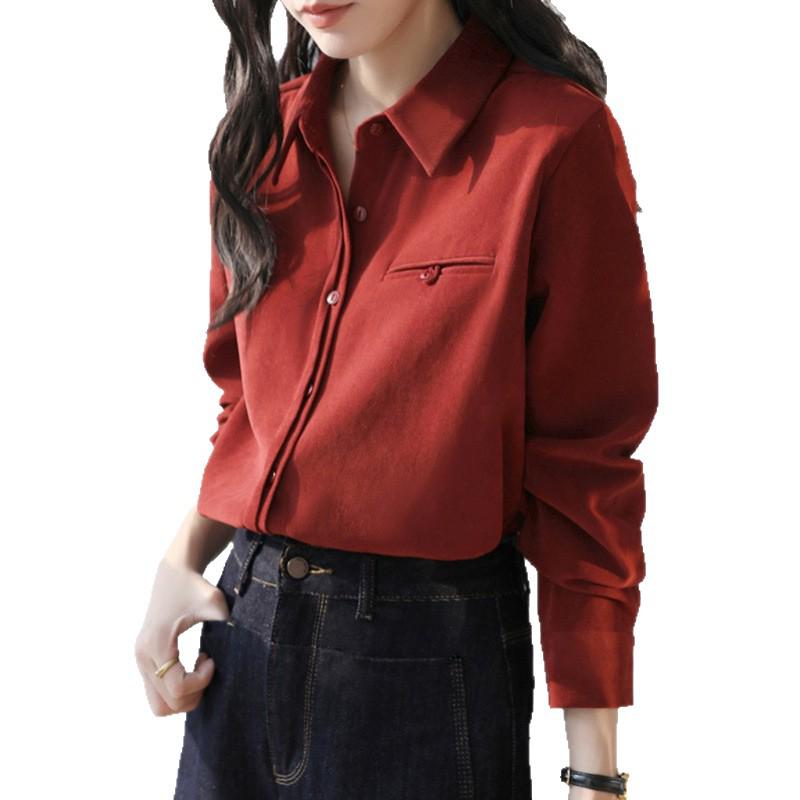 2025 Autumn/Winter Women's Retro Red Lapel Shirt: Lazy Brushed, Long Sleeve.