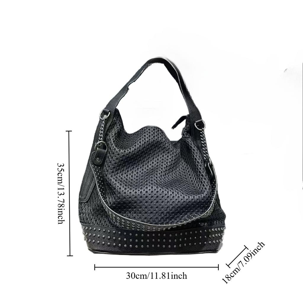 Women'S Rivet Splicing Shoulder Bag Large Capacity Retro Mesh Handbag