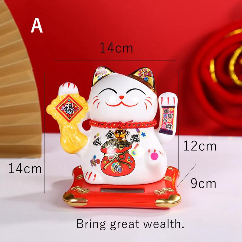 5.5 Inch Ceramic Maneki Neko Statue Solar Powered Beckoning Cat Waving Hand Lucky Cat Ornament Car Desktop Decoration Kitten