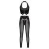 Women Glossy PU Leather Outfit Halter Crop Top Back Lace Up Multi Zip High Waist Leggings Y2k Clubwear