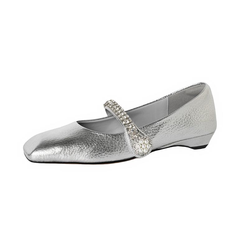 

Fashion Women s new leather cowhide spring and autumn square head diamond pearl belt buckle low heel Mary Jane work shoes 220 серебряный