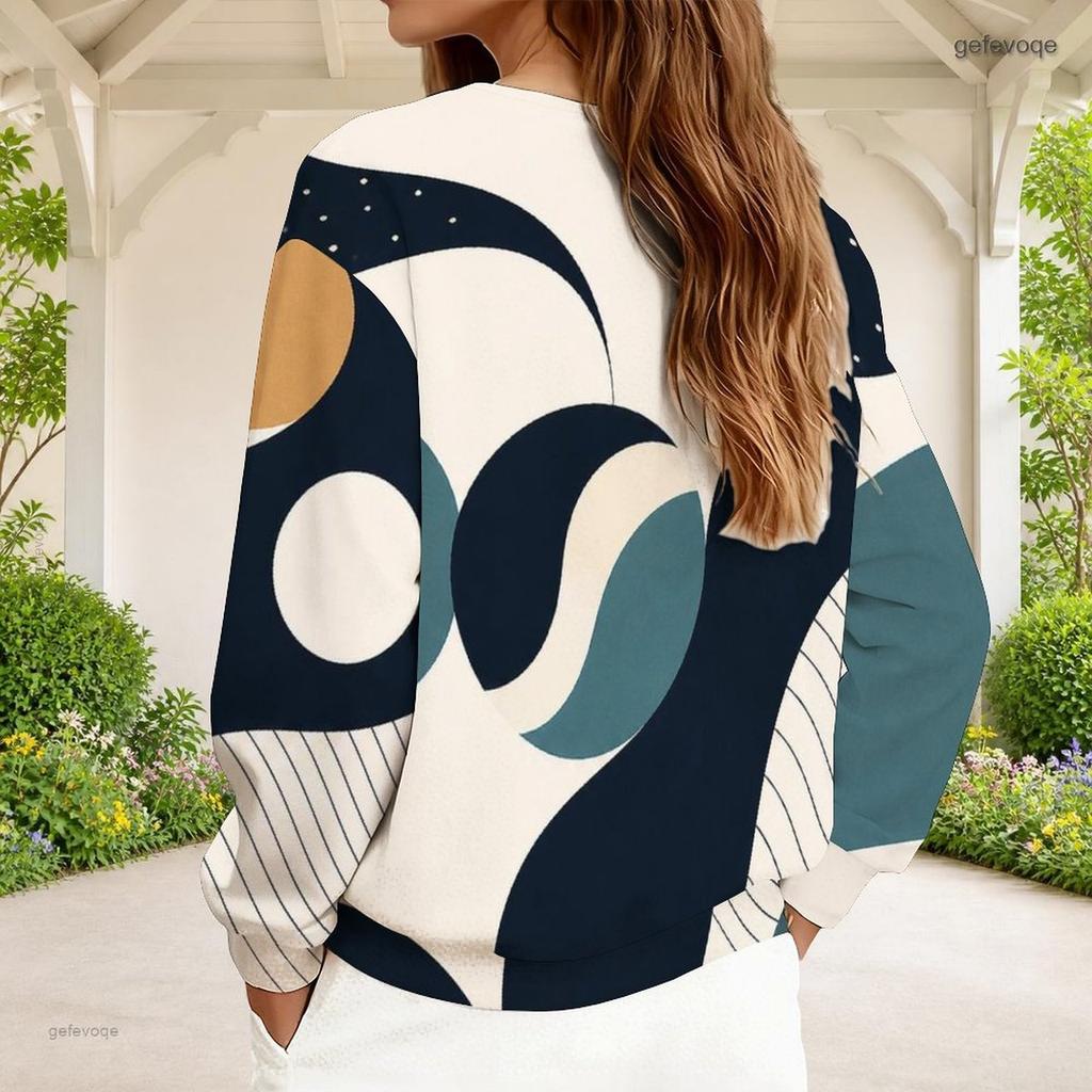 Women Plus Size V Neck Front Zip Sweatshirt Long Sleeve Ribbed Cuffs Geometric Printed Blue White