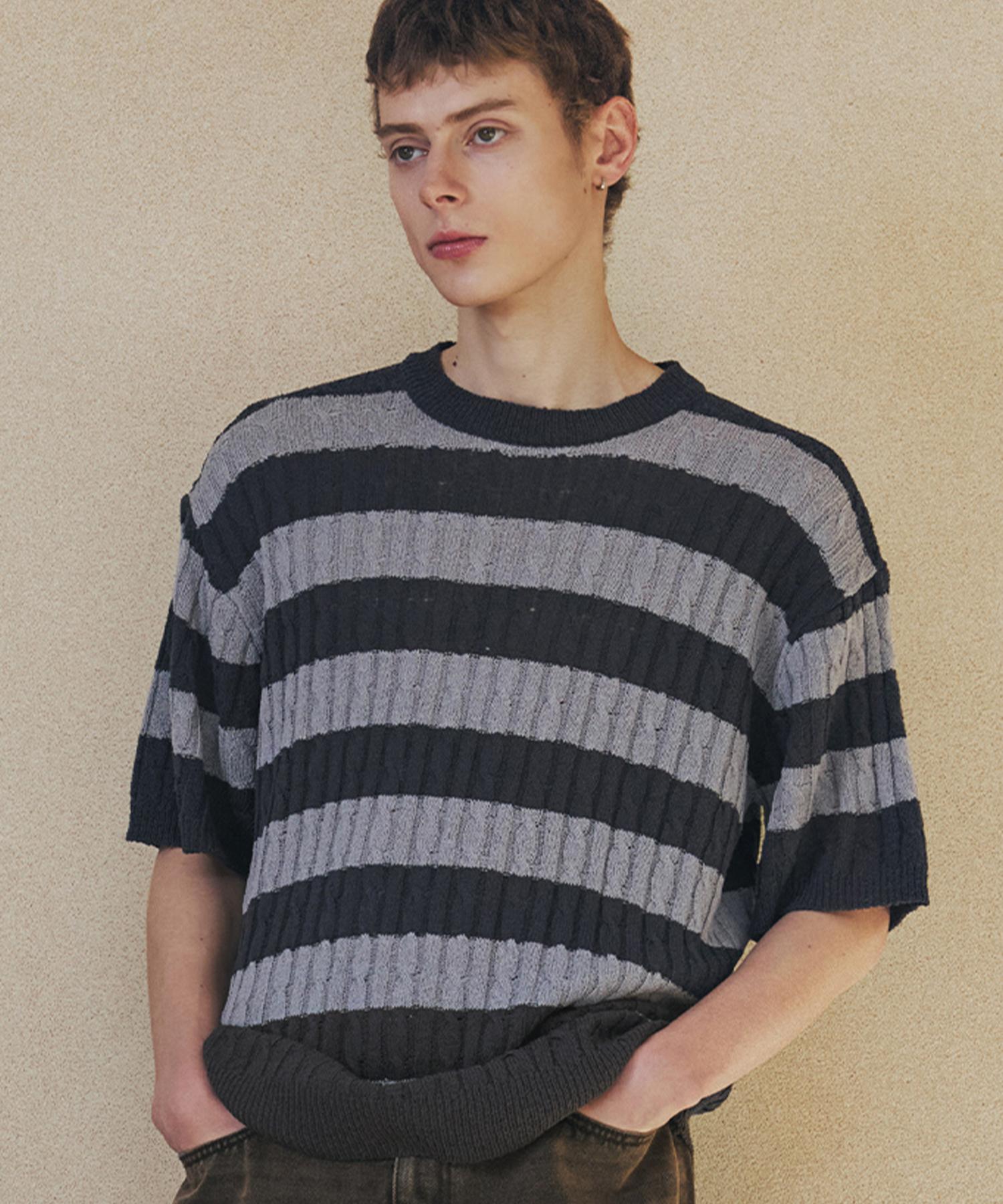 Nod You Striped Boucle Color Block Cable Short Sleeve Knit [Charcoal] M