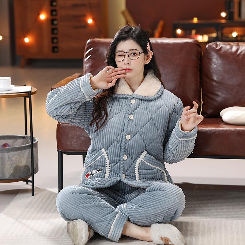 Pajamas Women's Winter Three-layer Thickened Padded Jacket Coral Fleece Lapel Super Warm Can Be Worn Outside Loungewear