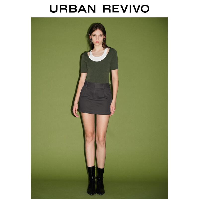 UR Women's 2024 Spring Color-Blocked Faux Two-Piece Short Sleeve Knit Top