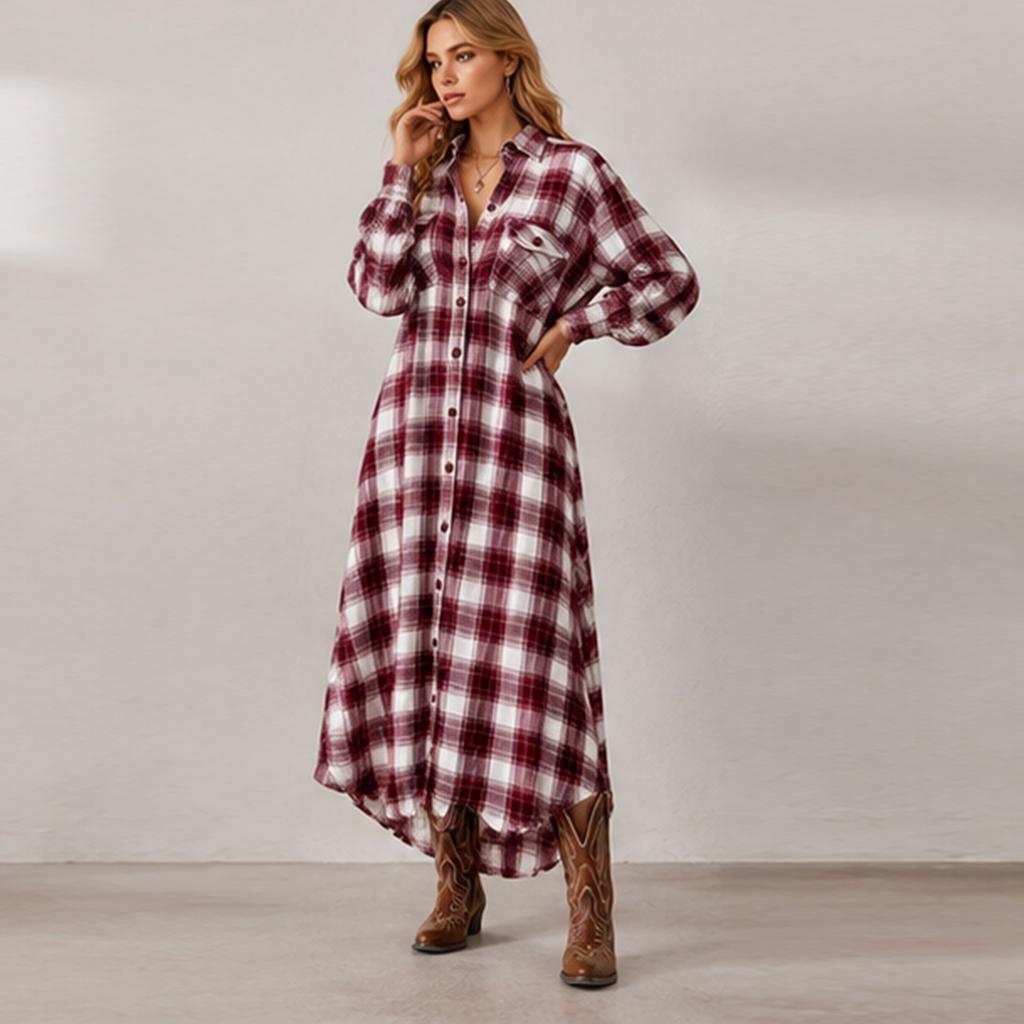 Women's Loose Fit Vintage Plaid Long Sleeve Shirt Dress for Casual Everyday Wear